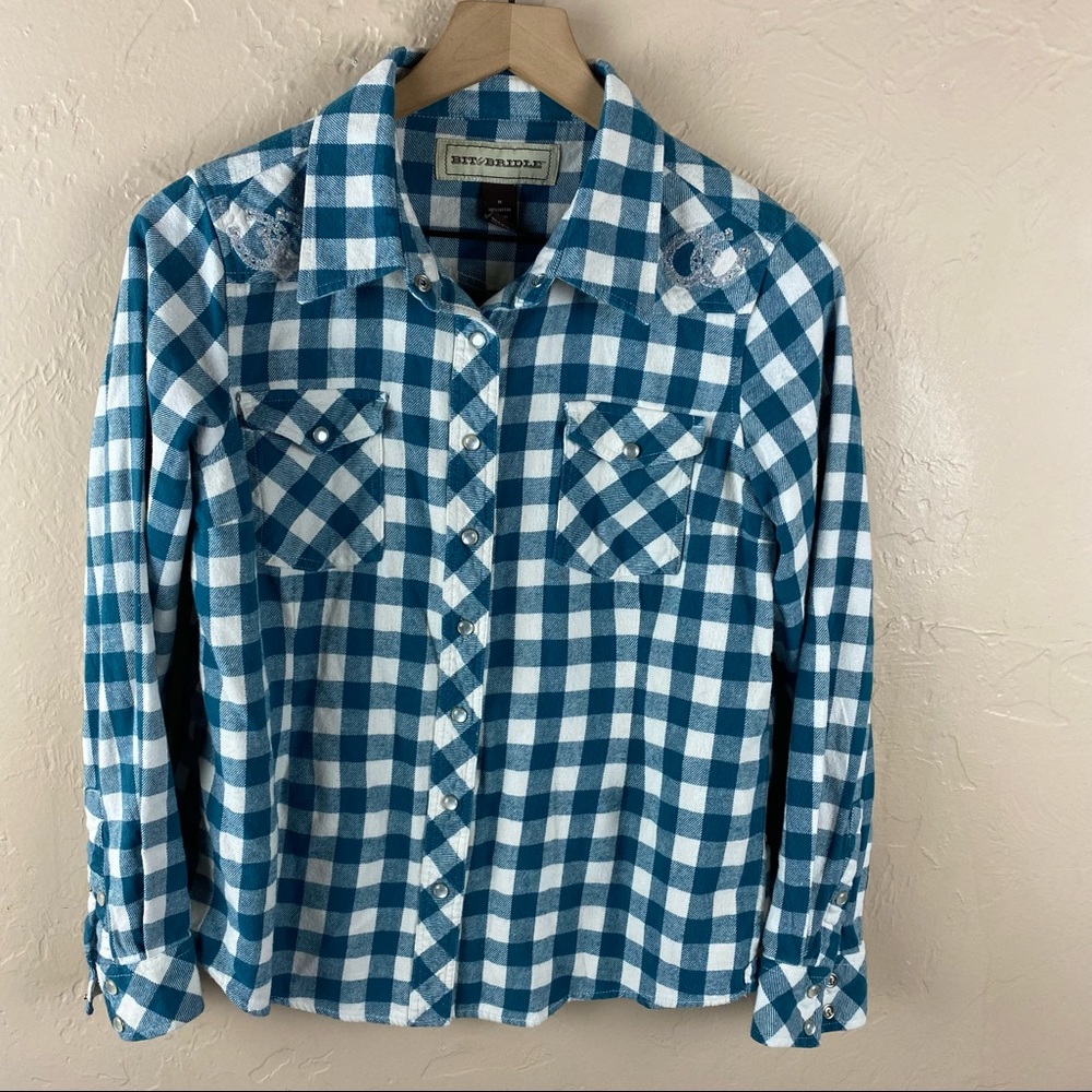 Bit and Bridle Green White Plaid Check Flannel Western Shirt Embellished Medium